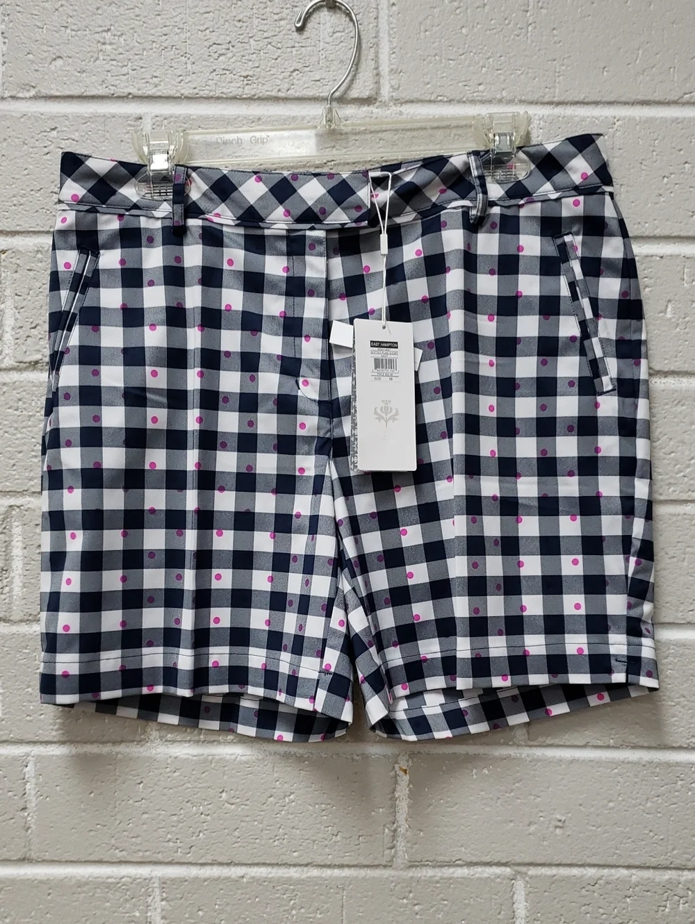 Navy & White Gingham Shorts with Pink Dot Accents